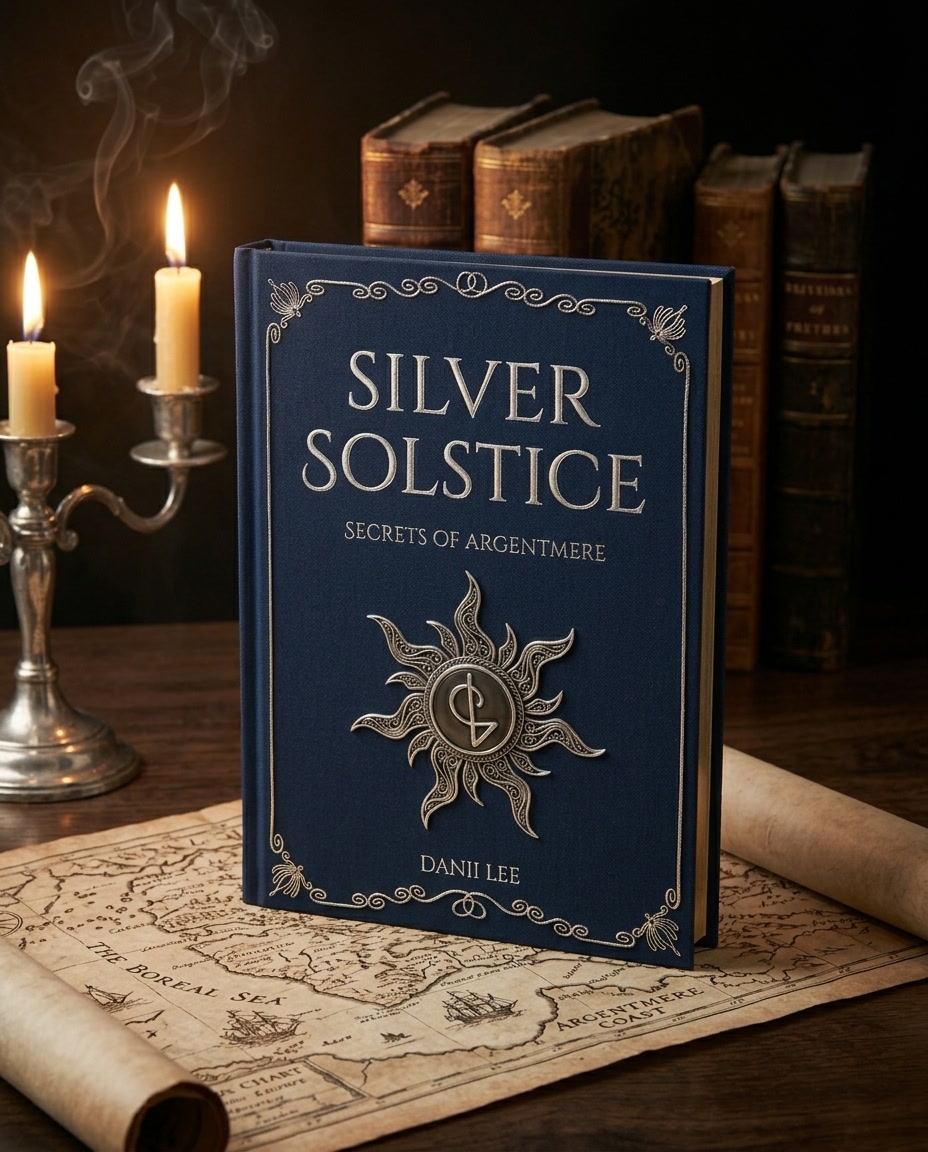 The hardback of Silver Solstice standing on a dark wooden table by candlelight, beside old books and a rolled map.