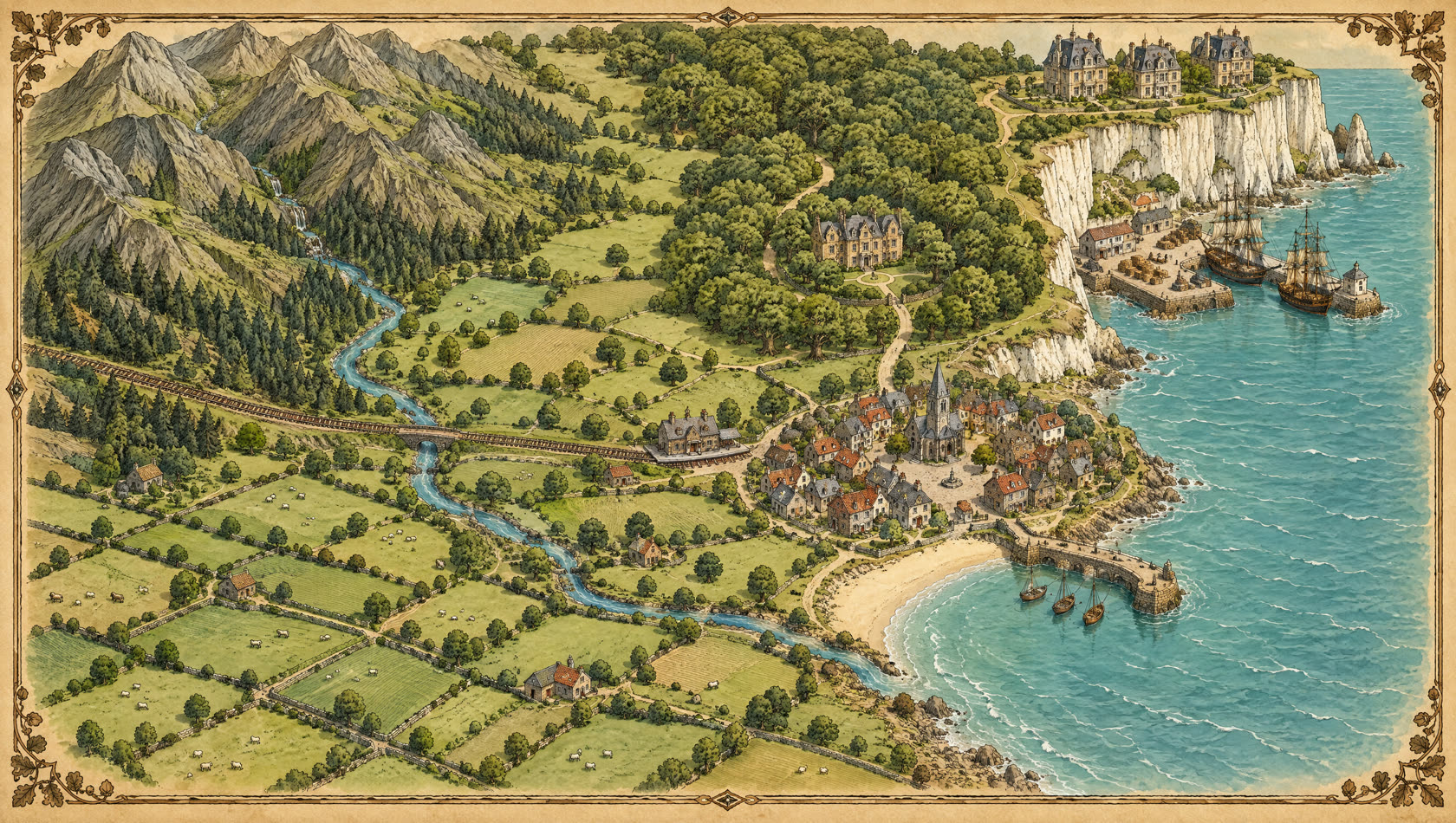 An illustrated map of Argentmere: mountains and the railway to the west, hedged farmland and the river running down to the sea, the village and its church on the coast with the silver sand beach and jetty below it, Pip's house in its oaks on the high road, and beyond the chalk headland the Alder houses and a hidden harbour with two tall ships.